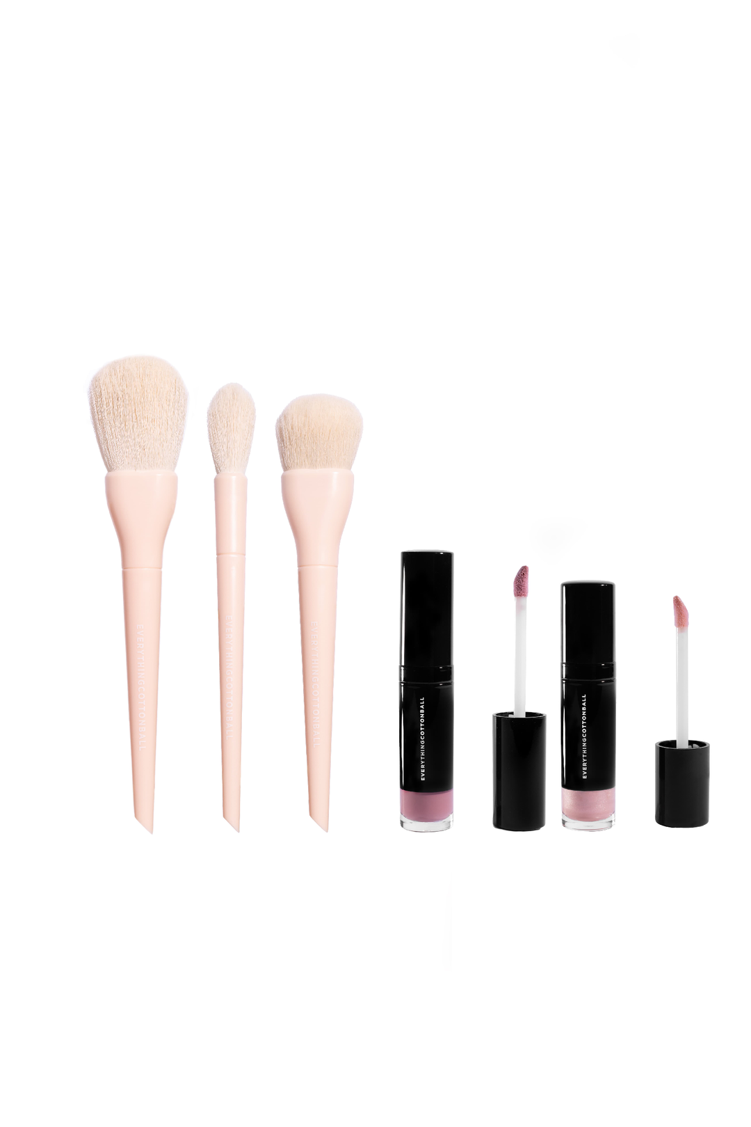 Soft pink ECB Makeup Brushes and Lip Shine Duo in black packaging.  Product shot on white background.
